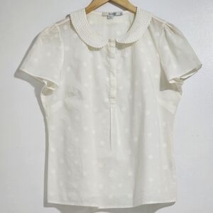 Boden Off-white Cotton Blouse Size 12R Short Sleeve Cottagecore Coquette Modest
